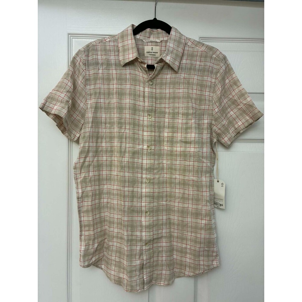 Mutual Weave Men's‎ Linen Cotton Shirt Small Ivory Melon Plaid Short Sleeve NWT